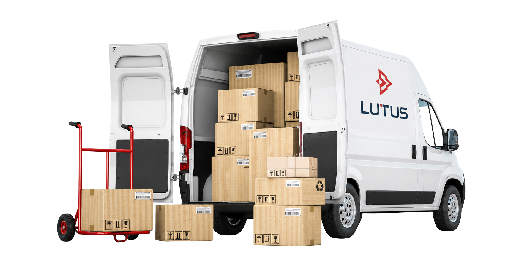 Van LUTUS con puertas abiertas y cajas de paquetería